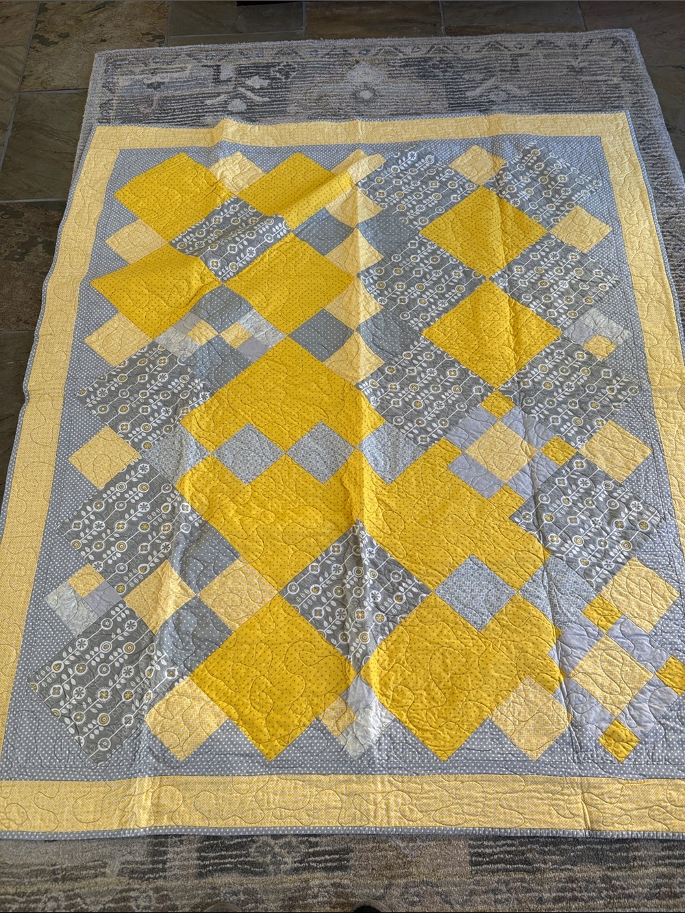 Beautiful handmade quilt in gorgeous yellows and grays. Large 66X58